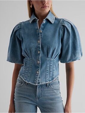 Bajatelle Denim Corset Button-Up Top in Light Blue